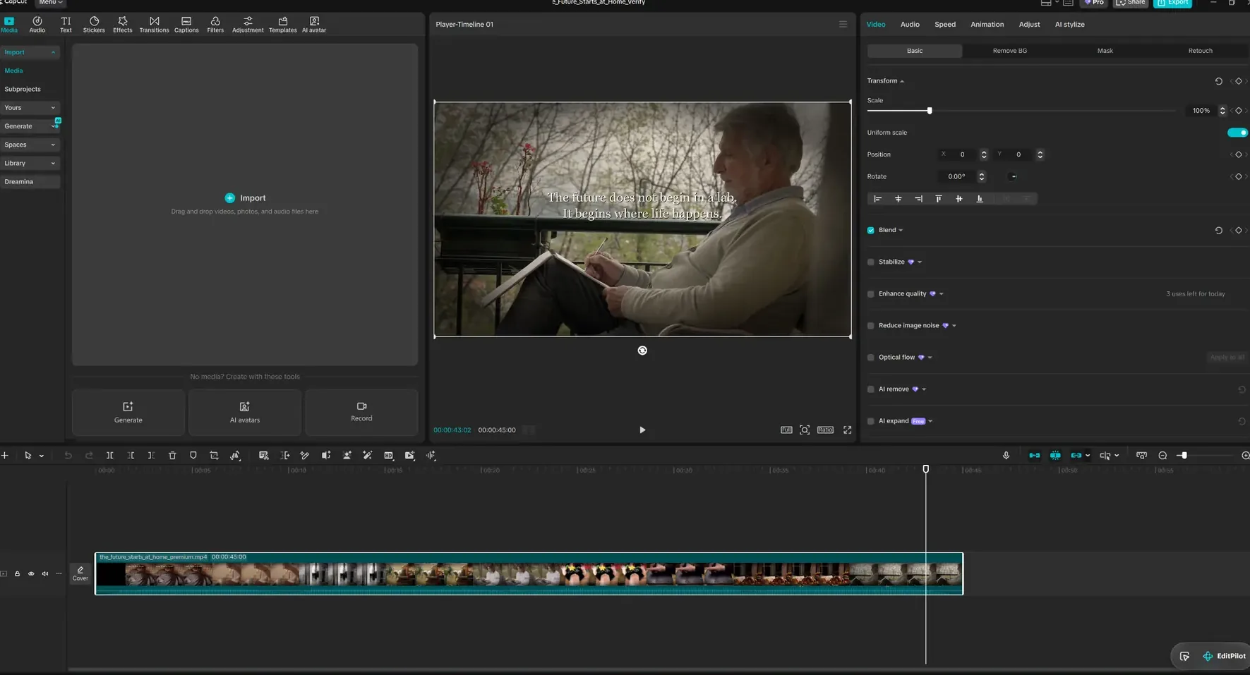 CapCut timeline with generated ColdCamp production