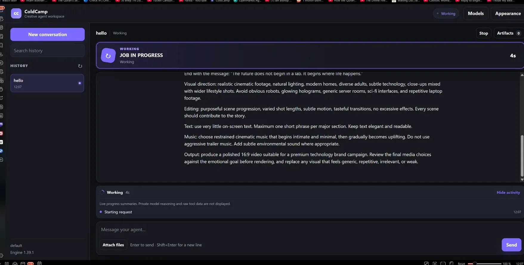 ColdCamp production brief inside the agent interface