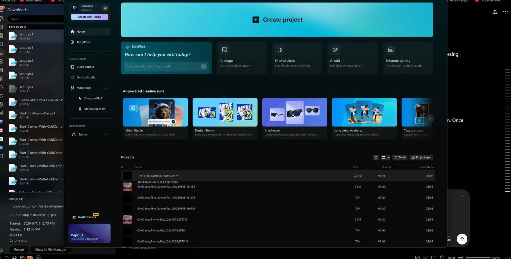 ColdCamp creative suite dashboard