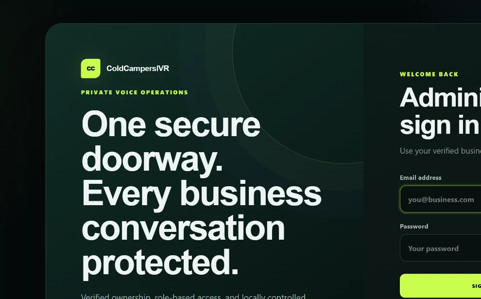 ColdCampersIVR secure business sign-in screen